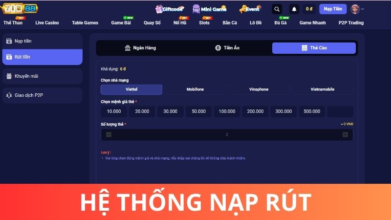 Đánh giá Tin88 - Hệ thống nạp rút