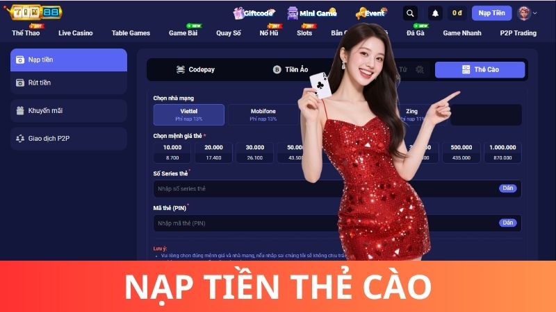 Nạp tiền Tin88 bằng thẻ cào điện thoại nhanh chóng