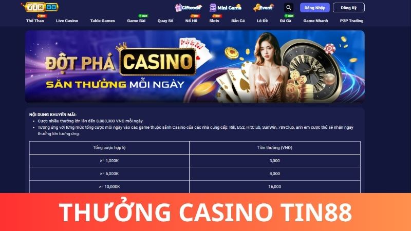 Săn thưởng mỗi ngày cùng Đột phá Casino Tin88