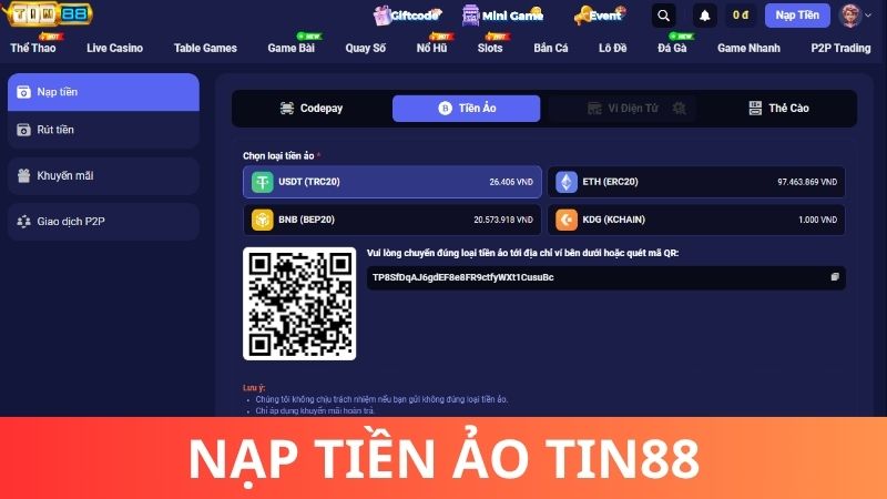 Sử dụng tiền ảo để nạp tiền Tin88